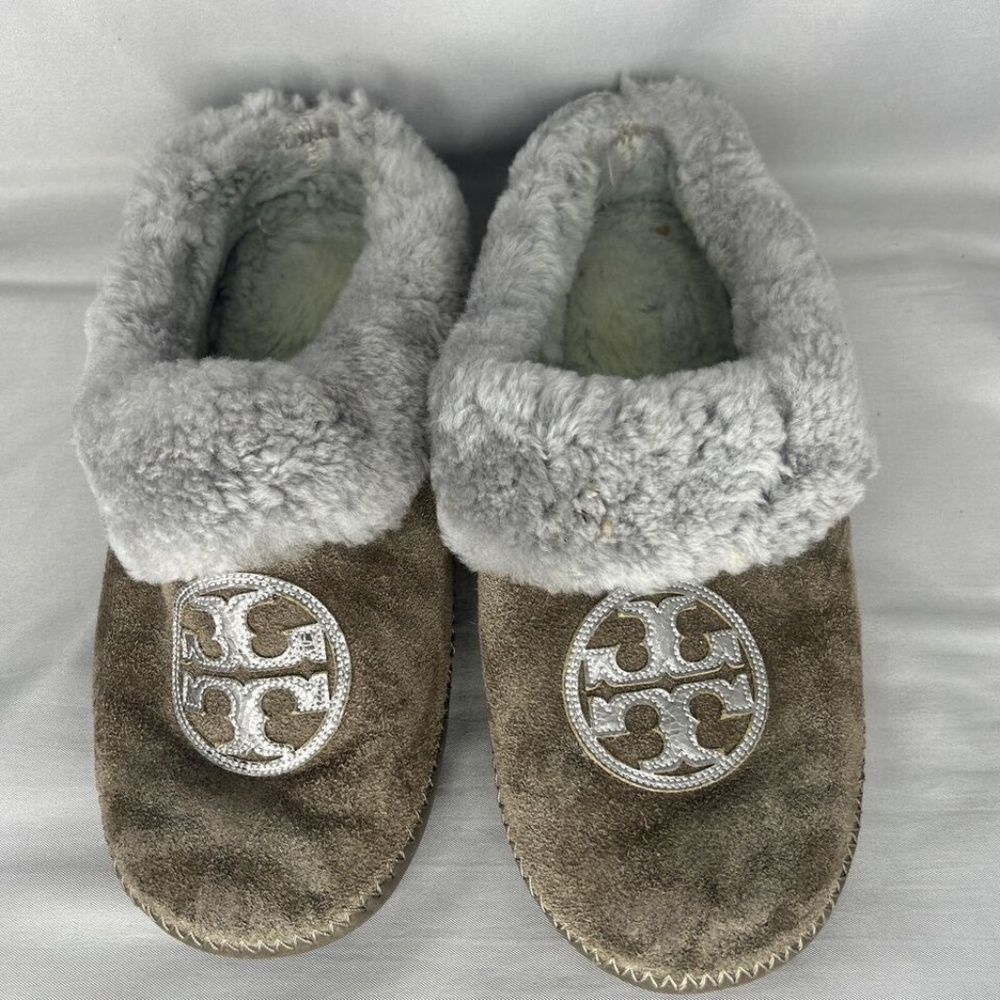 Tory Burch Coley Slippers Brown Suede Shearling Women Size 7